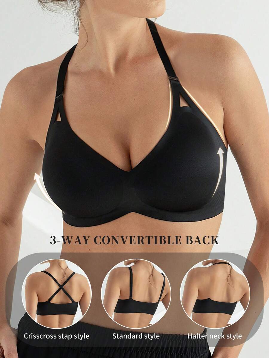 DesireSculpt 1 chiếc áo ngực không đường may dành cho nữ, áo ngực có đệm mút mềm mại, nâng đỡ tốt, áo ngực tối giản màu trơn với lớp lót cúp, thoải mái. - màu đen - Xem 1