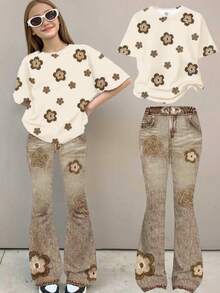 Vintage Floral Pattern Casual Loose Fit Short Sleeve Round Neck T-Shirt And Wide Leg Pants 2-Piece Set, Suitable For Spring & Summer - Multicolor - View 1