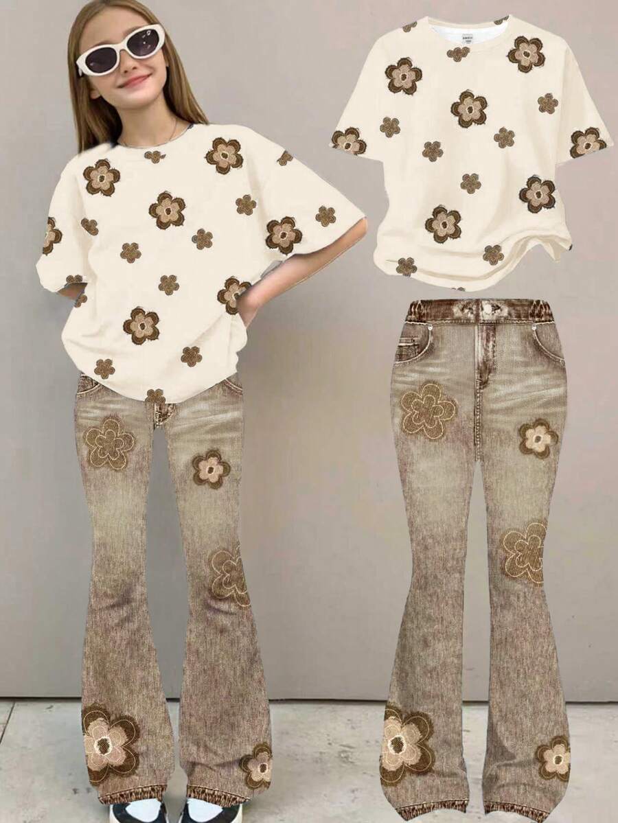 Vintage Floral Pattern Casual Loose Fit Short Sleeve Round Neck T-Shirt And Wide Leg Pants 2-Piece Set, Suitable For Spring & Summer - Multicolor - View 1