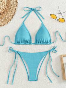 Swim Mod 女士夏季沙滩纯色吊带系带性感比基尼和三角泳裤套装 - 藍色 - 查看 1