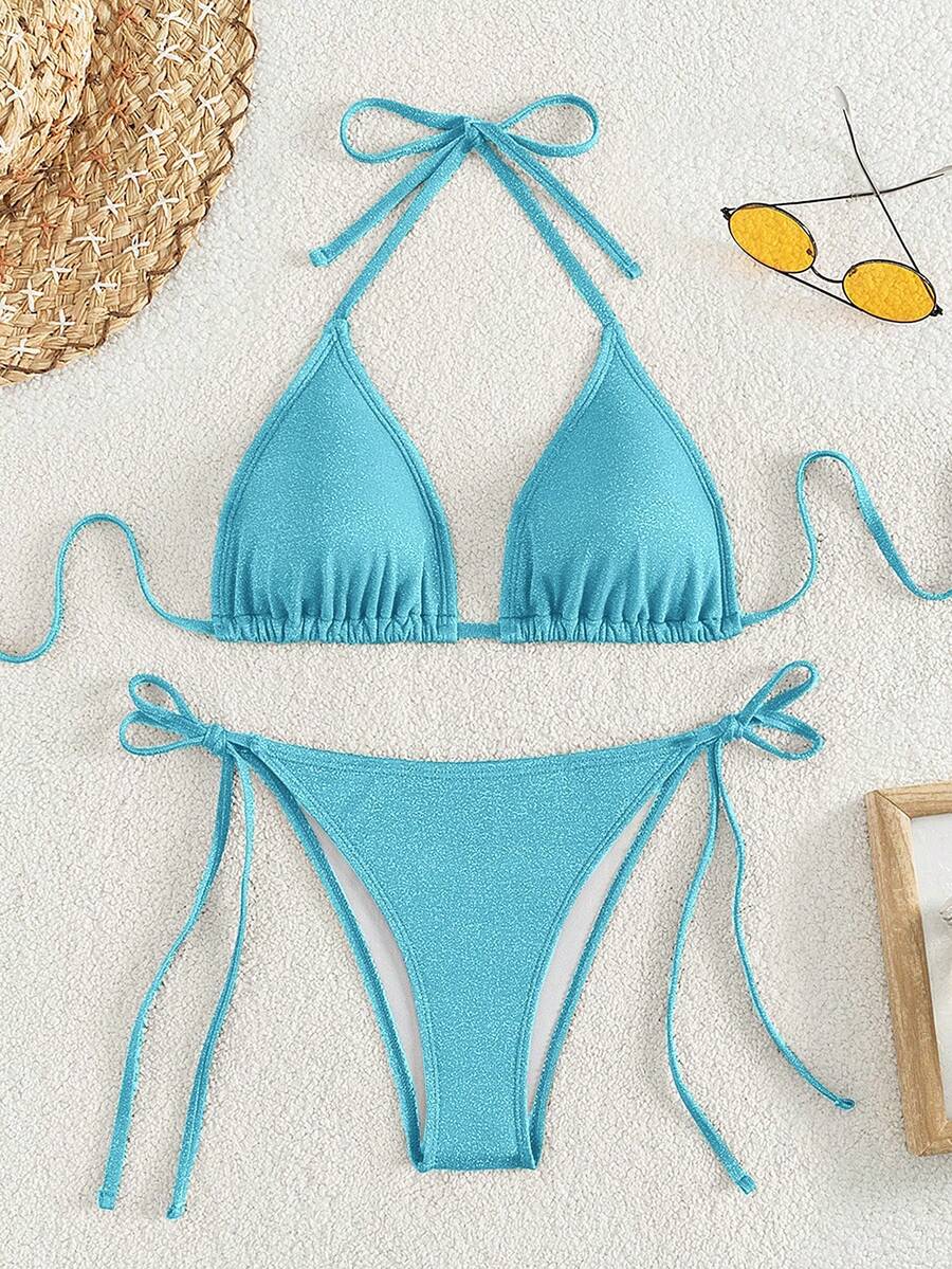 Swim Mod 女士夏季沙滩纯色吊带系带性感比基尼和三角泳裤套装 - 藍色 - 查看 1