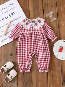 新生女宝宝格子草莓刺绣彼得潘领长袖连体衣，婴儿春秋季连体衣，女宝宝格子连身裤 - 彩色 - 查看 12