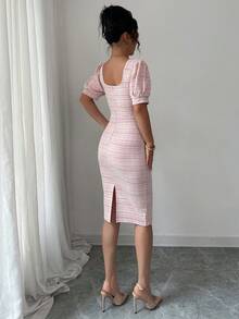 Elenzga 女士优雅浪漫泡泡袖船领收腰修身迷你连衣裙 - 粉色 - 查看 2