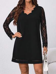 SHEIN PETITE CURVE Women Plus Size V-Neck Lace Patchwork Long Sleeve Solid Color Knee-Length Dress,Black Autumn Elegant Formal Dinner Evening Casual Wave Collar - Black - View 3