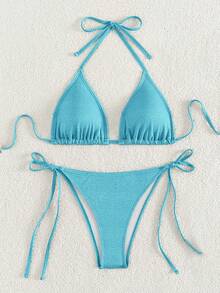 Swim Mod 女士夏季沙滩纯色吊带系带性感比基尼和三角泳裤套装 - 藍色 - 查看 3