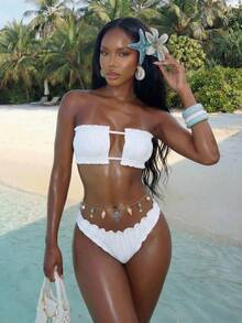 Vaytide Summer Beach Ruched Frill Trim Bandeau Bikini Set - White - View 1