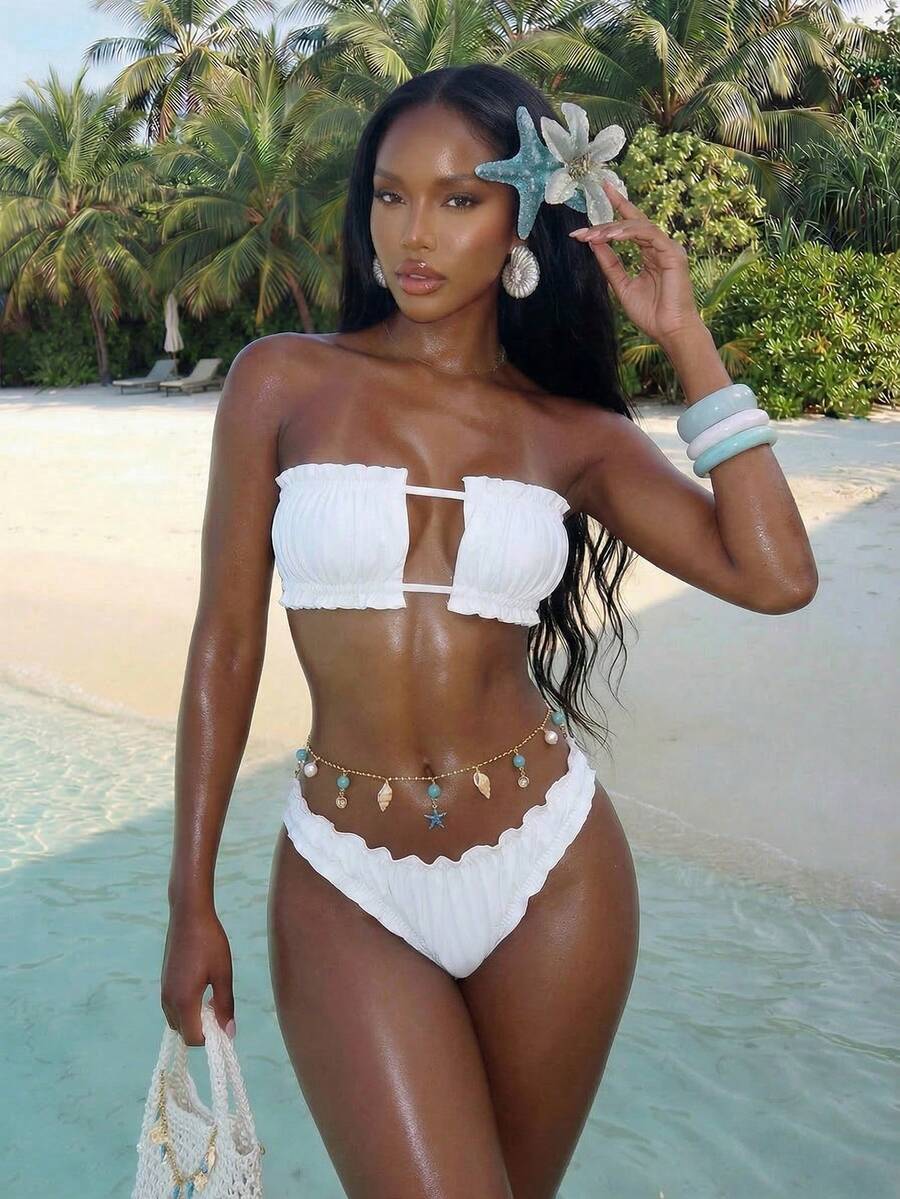 Vaytide Summer Beach Ruched Frill Trim Bandeau Bikini Set - White - View 1