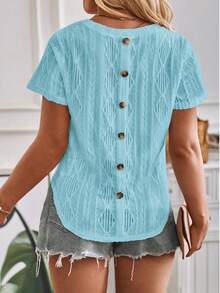 EMERY ROSE Nueva moda casual, estilo básico, cuello redondo, manga corta, diseño de botones en la espalda, bajo con forma de arco, camiseta básica azul con bordado de rombos, talla grande - Azul - Ver 4