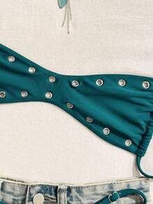 SHEIN Swim 2025新款女士纯色性感抹胸沙滩度假夏季休闲性感泳衣套装 - 水鴨藍 - 查看 5