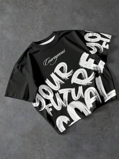 Manfinity EMRG Men's Summer Black "Courageous" Cursive Script "Your Future" "99" White Brush Stroke Hand Painted Graffiti Bold Letter Graphic Print Contrast Ringer Crew Neck Short Sleeve Oversized Drop Shoulder Boxy T-Shirt, Hip Hop Streetwear Vintage Retro Gothic Punk Urban Y2K Artistic Abstract Casual Going Out Concert Club Festival Party Breathable Lightweight OOTD Top,Men's Letter Print Short Sleeve Casual Round Neck Cropped T-Shirt