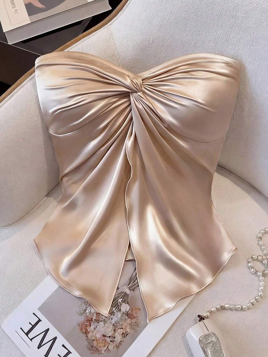 GlowEve Áo ống thời trang nữ bằng satin thắt nút, thanh lịch, thích hợp mặc thường ngày, đi nghỉ mát, đi chơi, dự tiệc, mùa xuân/hè. - Màu be - Xem 1