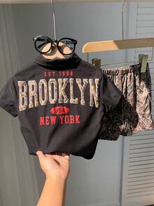 SHEIN 新生男宝宝夏季可爱休闲黑色短袖树叶印花衬衫和短裤套装 - 彩色 - 查看 4