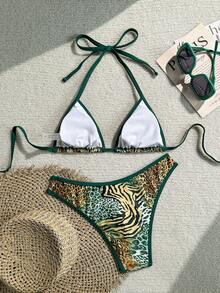 Swim Vcay Women's 2pcs Leopard Print Random Halter Top And Bikini Bottom Bikini Set, Summer Beach Women Swim Suit Set - Multicolor - View 2