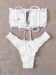 Vaytide Summer Beach Ruched Frill Trim Bandeau Bikini Set - White - View 5