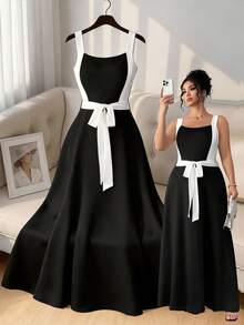 Elenzga Plus Size Women's New Elegant Contrast Color Square Neck Bodycon Jumpsuit, Suitable For Work And Everyday Wear Black Dress With White Trim Black And White Dress Women Elegant Long Black And White Dress - Multicolor - View 7