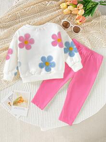 SHEIN Playful Pals 两件套女婴休闲可爱印花圆领卫衣和粉色打底裤套装，甜美可爱，适合日常和户外穿着，秋冬季女婴春秋季两件套服装 - 彩色 - 查看 2