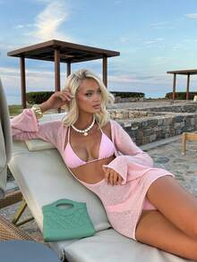 Sirith Bộ bikini 3 mảnh màu hồng pastel thanh lịch, gợi cảm mới về của Bonvoyette dành cho nữ, gồm áo khoác ngoài mềm mại, áo tam giác buộc dây cổ với dây đeo mỏng có thể điều chỉnh, quần cạp cao, và váy ngắn tay dài bằng vải dệt kim mờ co giãn, phong cách Y2K lãng mạn, hoàn hảo cho kỳ nghỉ hè ở bãi biển, tiệc bể bơi và nghỉ dưỡng, lễ hội âm nhạc, đám cưới và các dịp lễ khác. - Hồng - Xem 3