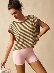 VARSIVA Áo tập thể dục nữ, áo thun và áo tank top thể thao kẻ sọc thời trang, thích hợp cho mùa hè. - Cà phê nâu - Xem 2