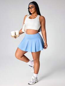 SHEIN Sports Plus Size Women Solid Color Casual Pocketed Versatile Daily Wear & Sports Skorts - Blue - View 7