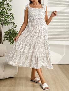 SHEIN Polka Dot Pleated Maternity Dress With Nursing Function, Casual Everyday Wear - Black and White - View 4