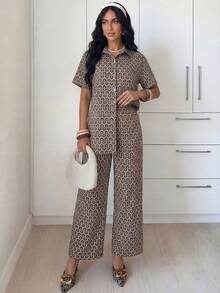 Modelyn Women's Spring/Summer Woven Short Sleeve Mandarin Collar Studded Top And Straight Leg Pants Casual Romantic 2-Piece Set - Multicolor - View 8