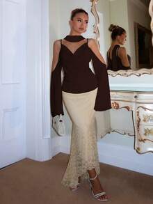 Glamine 优雅纯色吊带无袖雪纺上衣 女士夏季穿搭 女士长袖上衣 棕色上衣 性感上衣 女士带袖上衣 半透明长袖上衣 露肩上衣 女士颈链领上衣 - 咖啡棕 - 查看 5