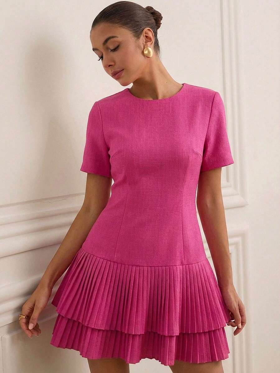 BELROSIE French Elegant Style, Patchwork Hem Pleated Design, Waist-Cinching Slim-Fit Round Neck Short Casual Dress - Hot Pink - View 1