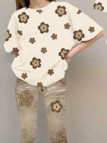 Vintage Floral Pattern Casual Loose Fit Short Sleeve Round Neck T-Shirt And Wide Leg Pants 2-Piece Set, Suitable For Spring & Summer - Multicolor - View 7
