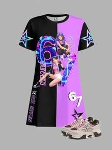 SHEIN Tween Girls' Black And Purple Summer Cute City Break Dress,K-POP Girl Group Letter & Star Print,Personalized Number 67 Fashionable Pattern Holiday - Multicolor - View 2