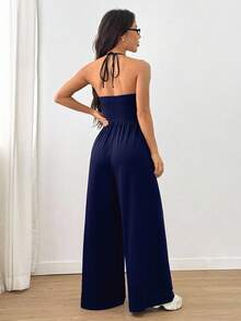 SHEIN Unity Women's Casual Pleated Loose Straight Leg Jumpsuit, Suitable For Spring, Summer, Autumn And Winter - Navy Blue - View 2