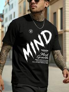 Manfinity Homme Camiseta de manga corta con estampado de eslogan para hombre - Negro - Ver 2