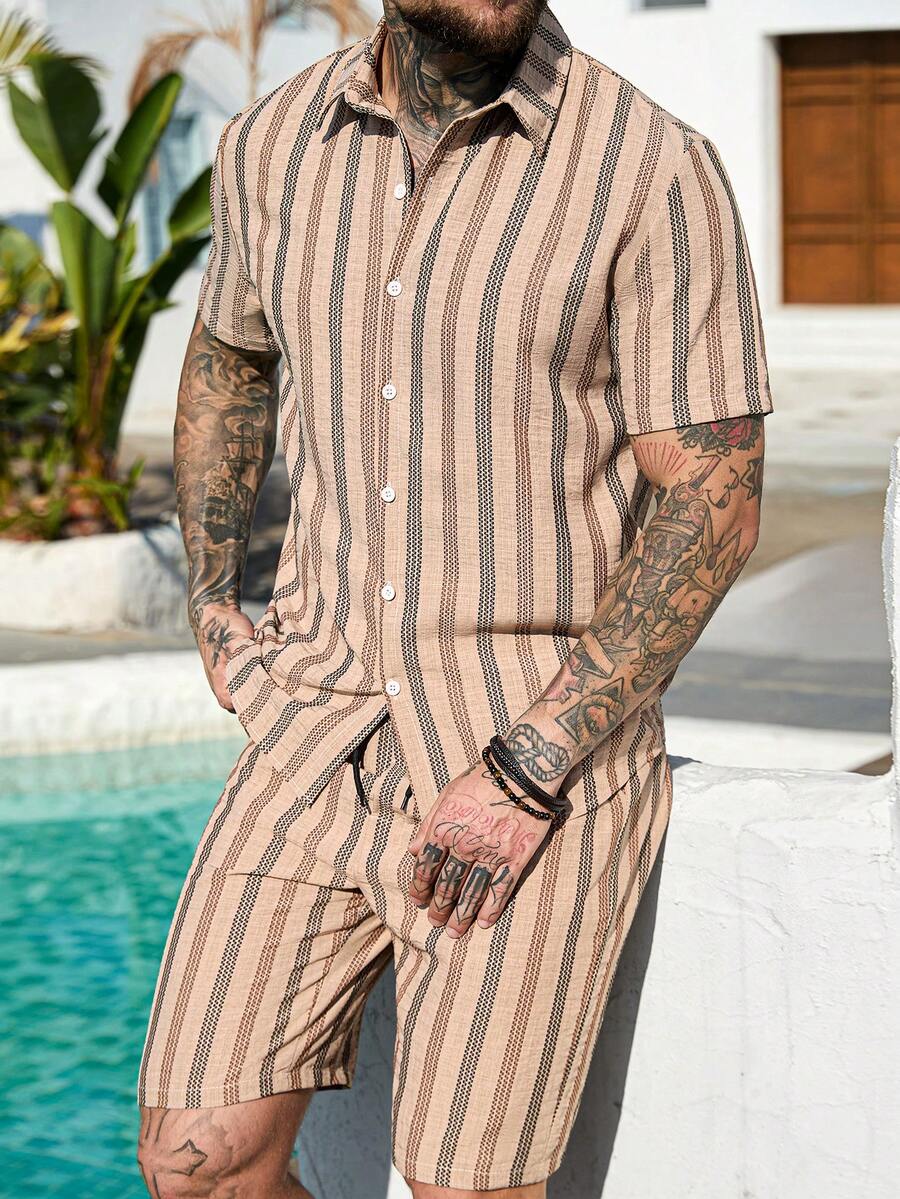VENTUSAIL Men's Mature Striped Print Button-Front Short Sleeve Shirt And Slant Pocket Shorts Casual Set, Holiday - Khaki - View 1
