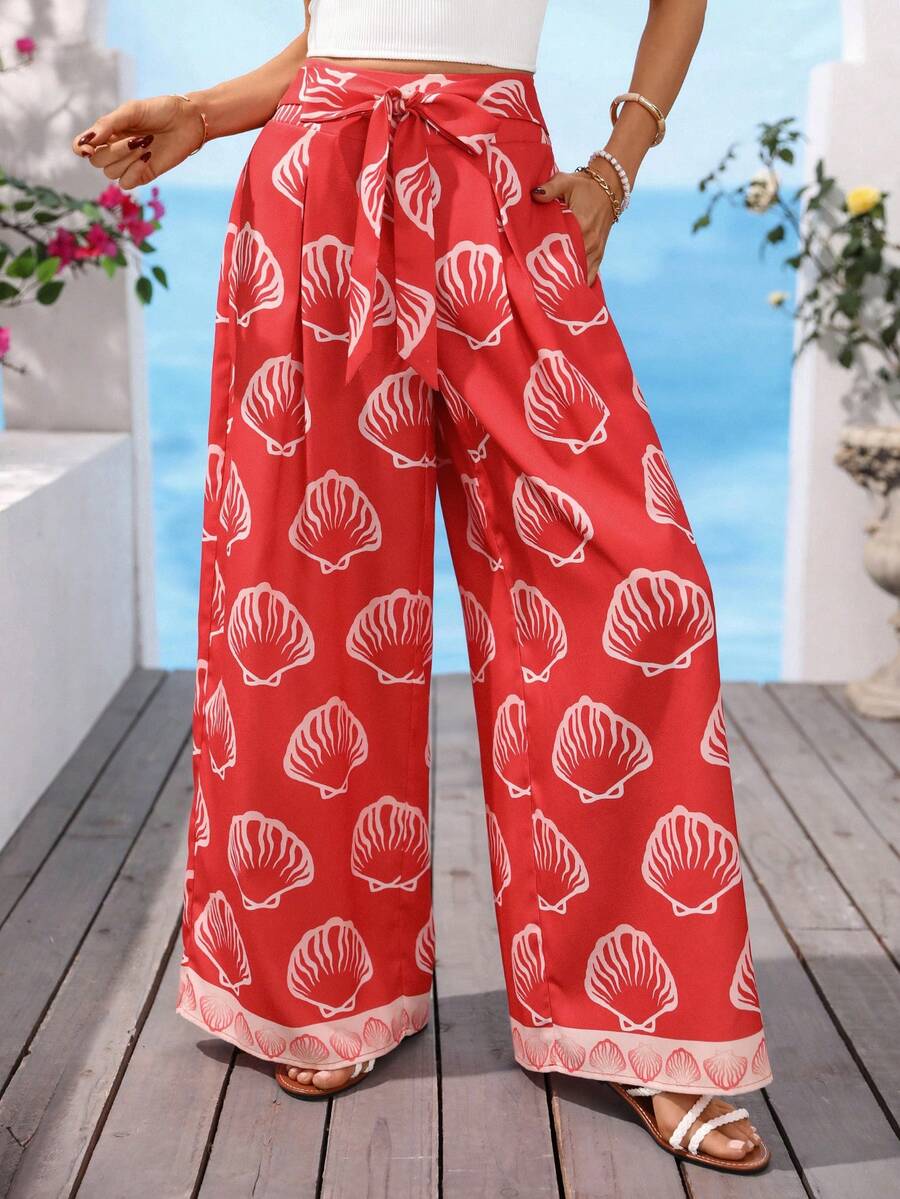 Vivid Eden Ocean Print Tie-Up Shell Pattern Women's Wide Leg Casual Pants, Summer Holiday Outfit - Red - View 1