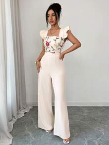 GlowEve Women's Floral Embroidery Square Collar Ruffle Hem Elegant Jumpsuit - Beige - View 6