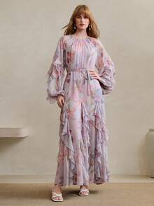 Arave 女士雪纺数码印花面料，圆领，插肩袖，系带腰身，荷叶边下摆装饰设计，休闲长裙 - 淡紫色 - 查看 4