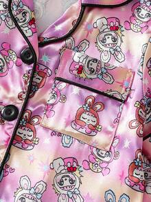 Conjunto de pijama con cuello de niña bebé con estampado de conejo lindo - Multicolor - Ver 3