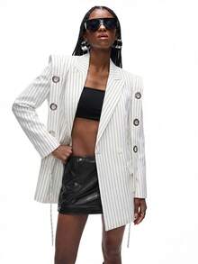 GENKIRA Áo blazer nữ tay dài, cổ ve áo kẻ sọc, dây đeo vai cá nhân hóa, kiểu dáng thanh lịch, vai rộng. - trắng - Xem 3