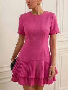BELROSIE French Elegant Style, Patchwork Hem Pleated Design, Waist-Cinching Slim-Fit Round Neck Short Casual Dress - Hot Pink - View 4