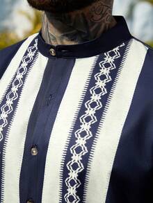 VENTUSAIL Men's Stand Collar Contrast Stripe Print Button Front Casual Short Sleeve Shirt, Summer - Multicolor - View 6