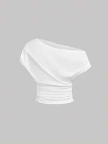 SHEIN MOD Blusa feminina de tricô com ombros assimétricos, cintura e mangas franzidas, estilo casual e minimalista para o verão. - Branco - Ver 7