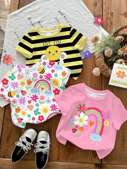 SHEIN 3pcs/Set Baby Girl Casual Cute Floral, Face, Rainbow, Insect, Honey, Butterfly Print Round Neck Short Sleeve T-Shirts, Suitable For Spring And Summer, Baby Girl Clothes, Toddler Girl Clothes, Baby Girl Outfit, Baby Tee, Cozy Spring And Summer Styles, Easy Comfort, Summer, Spring, Chill Tops, Baby Top, Vacation, Graphic Tee, Graphic Print, Tops, Fall New Style