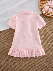 女婴泡泡袖粉色polo领彩虹印花荷叶边下摆休闲短袖连衣裙 - 粉色 - 查看 2