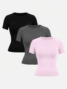 SHEIN Velisys 3pcs Sport Studio Summer Casual Solid Color Seamless Short Sleeve Sports T-Shirt - Multicolor - View 5