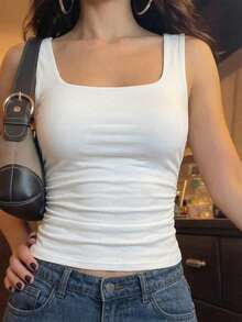 SHEIN Teen Girl White Knit High Elastic Square Neck Ruched Waist Fitted All-Match Camisole - White - View 1