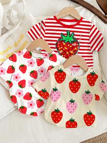 SHEIN 3pcs/Set Baby Girl Cute White And Red Strawberry Print Short Sleeve T-Shirt Set,Summer Casual Round Neck Graphic Tee Tops - Multicolor - View 2