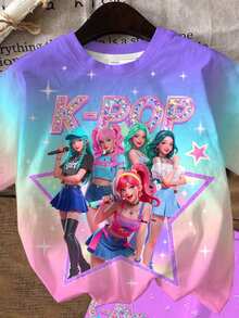 2件套少女休闲时尚彩色韩流女团字母星星印花圆领短袖T恤和短裤套装，适合夏季穿着 - 彩色 - 查看 4