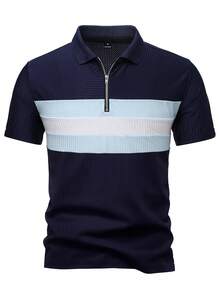 Manfinity Homme 男士休闲撞色条纹半拉链短袖Polo衫，适合夏季度假和日常通勤 - 藏蓝色 - 查看 3