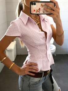 INAWLY Women's Polo Collar Short Sleeve Fitted Shirt - Pink - View 5