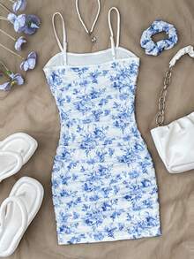 SHEIN 儿童夏季少女褶皱吊带蓝白碎花连衣裙配发带，夏季毕业典礼礼服，适合度假和外出穿着，可爱少女抹胸连衣裙，蓝白连衣裙，夏季修身连衣裙，蓝色碎花连衣裙，13岁少女波西米亚风夏季连衣裙，女士春季套装，夏季女装 - 藍白色 - 查看 2