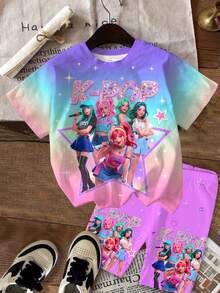 2件套少女休闲时尚彩色韩流女团字母星星印花圆领短袖T恤和短裤套装，适合夏季穿着 - 彩色 - 查看 2